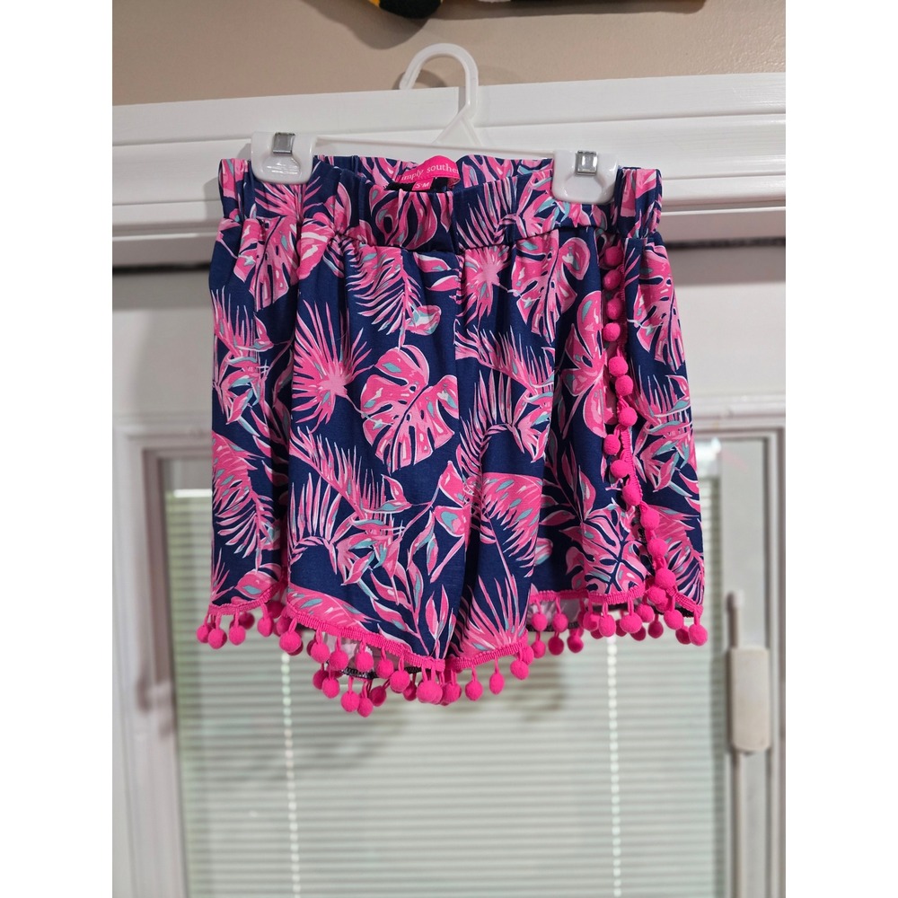 Simply Southern Pink Navy Tropical Palm Print Pom Pom Trim Shorts S-M